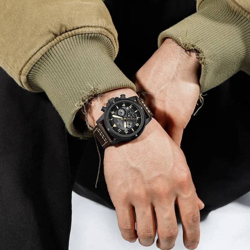 Man'S Watch Quartz Chronograph 30M Waterproof Luminous Hands Leather Band Men Business Fashion Wristwatch Reloj Hombre