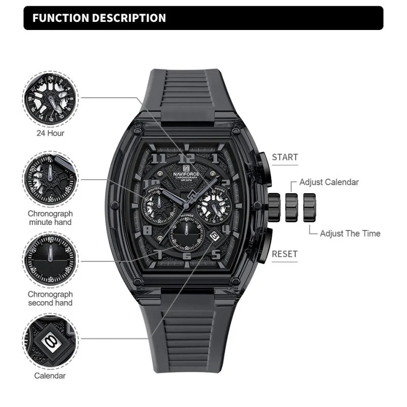 Men'S Multifunction Quartz Chronograph Watch 50M Waterproof Soft Silicone Strap Fashion Sports Wristwatch Reloj Hombre