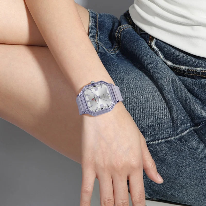 Women Polygon Watch Display Silicone Strap 50M Waterproof Luminous Fashionable Elegant Ladis Girls Wristwatch Gift Box